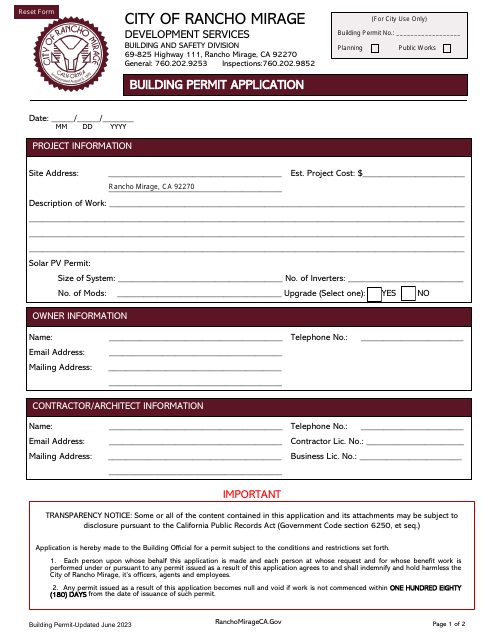 Building Permit Application - City of Rancho Mirage, California Download Pdf