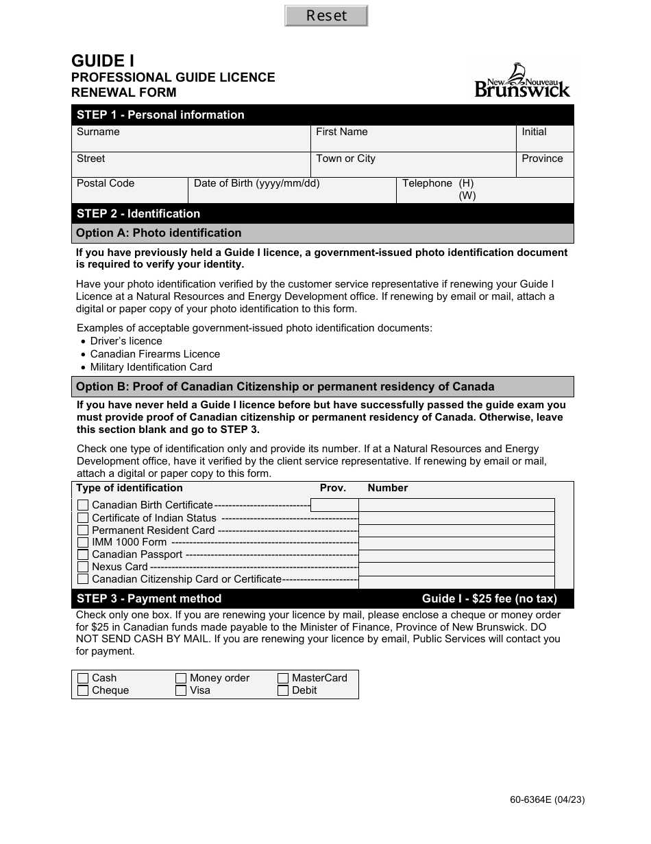 Form 60-6364E Guide I - Professional Guide Licence Renewal Form - New Brunswick, Canada, Page 1