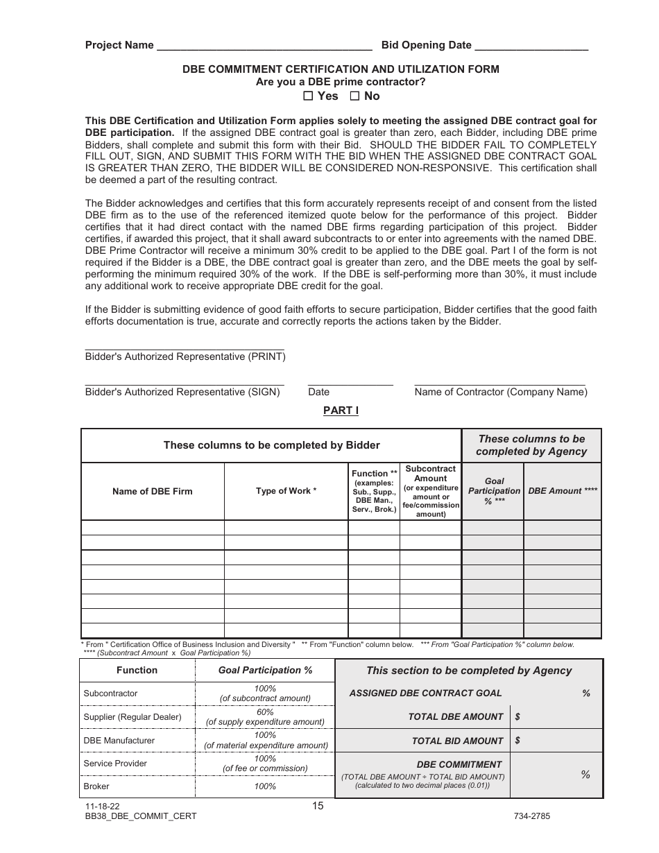 Form BB38 Dbe Commitment Certification and Utilization Form - Oregon, Page 1