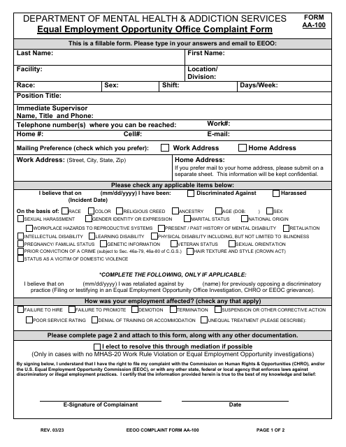 Form AA-100 Equal Employment Opportunity Office Complaint Form - Connecticut