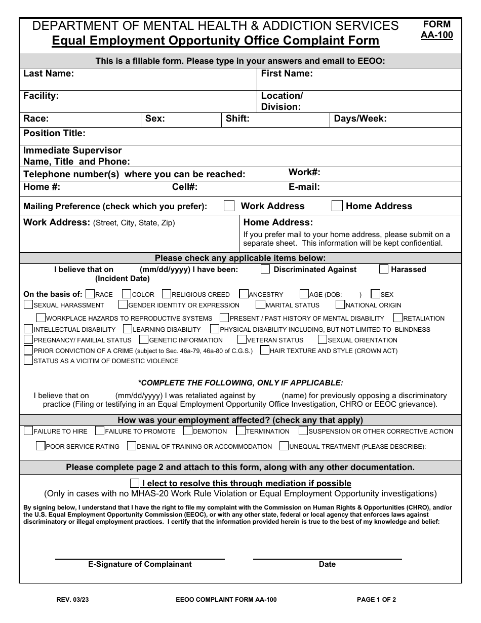 Form AA-100 Equal Employment Opportunity Office Complaint Form - Connecticut, Page 1