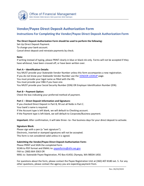Vendor / Payee Direct Deposit Authorization Form - Washington Download Pdf