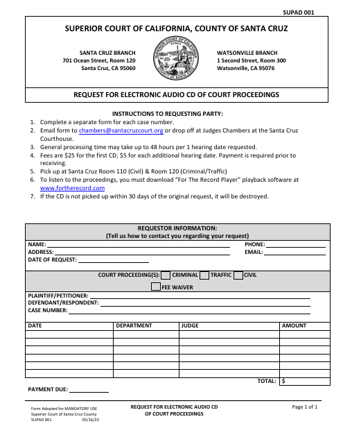 Form SUPAD001 Request for Electronic Audio Cd of Court Proceedings - County of Santa Cruz, California