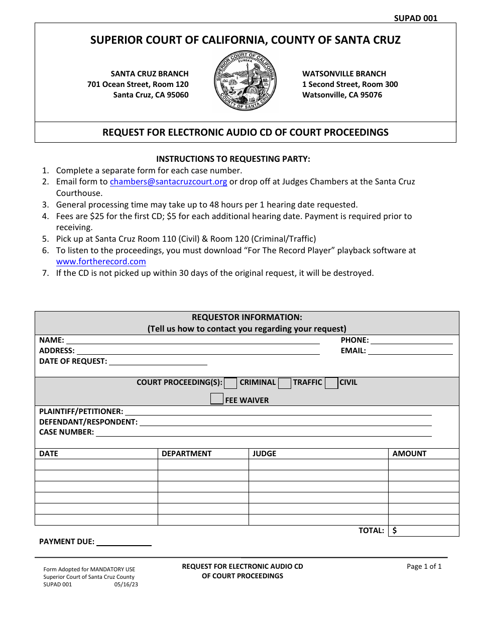 Form SUPAD001 Request for Electronic Audio Cd of Court Proceedings - County of Santa Cruz, California, Page 1