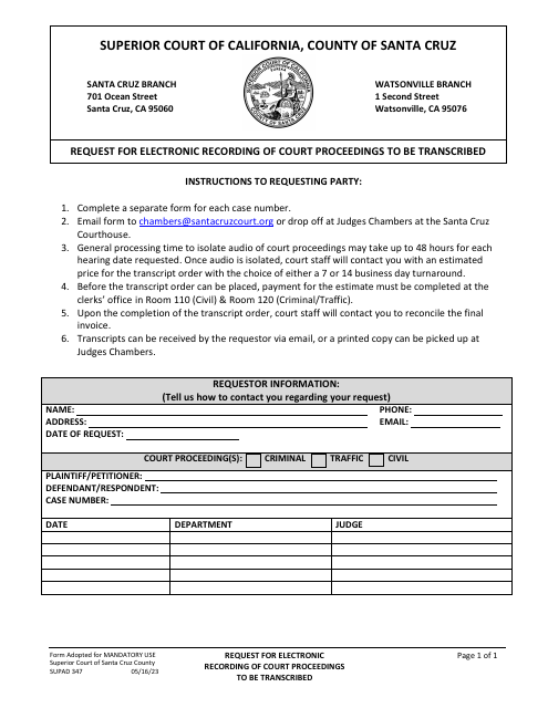 Form SUPAD-347 Request for Electronic Recording of Court Proceedings to Be Transcribed - Santa Cruz County, California