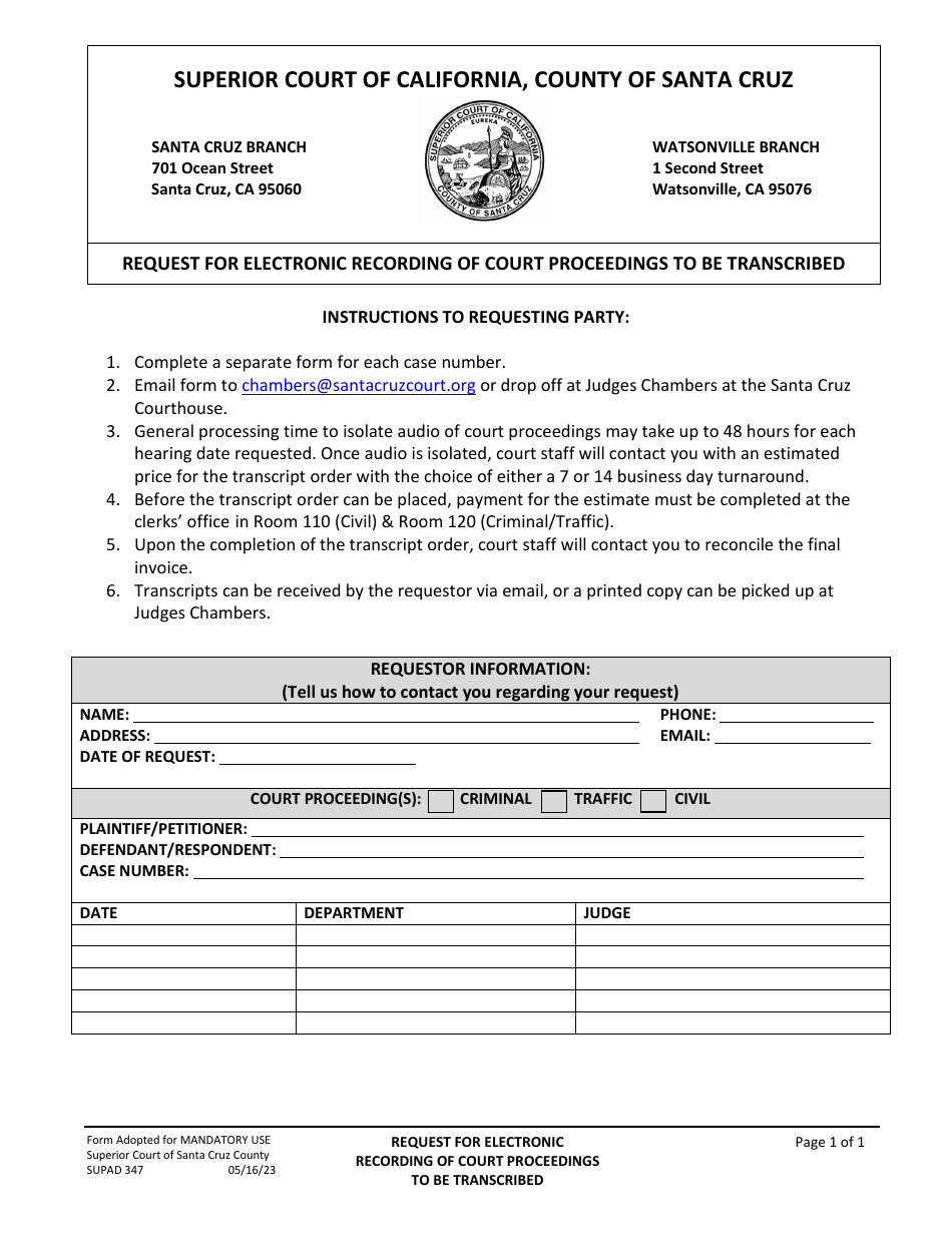Form SUPAD-347 Request for Electronic Recording of Court Proceedings to Be Transcribed - Santa Cruz County, California, Page 1
