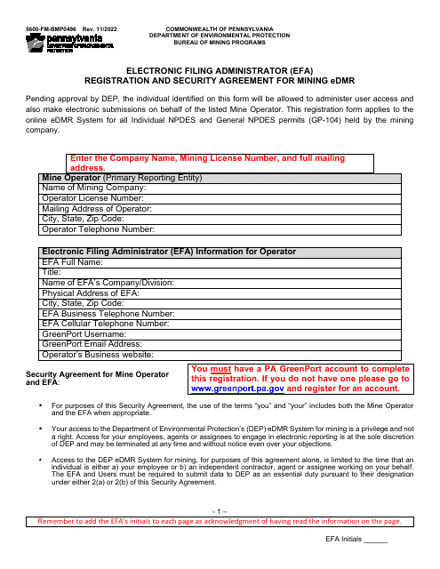 Form 5600-FM-BMP0496 Electronic Filing Administrator (Efa) Registration and Security Agreement for Mining Edmr - Pennsylvania