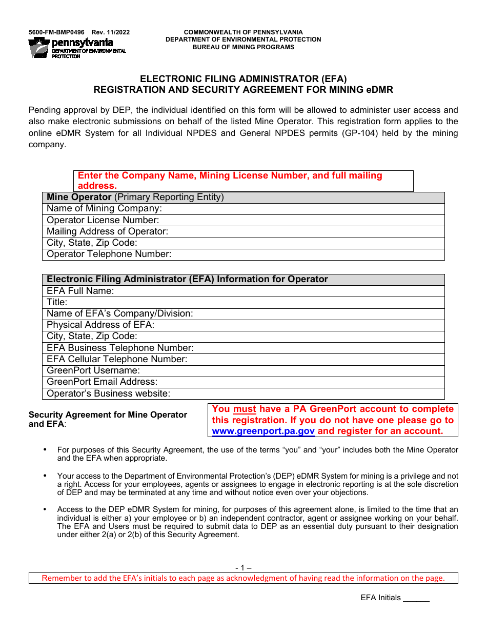 Form 5600-FM-BMP0496 Electronic Filing Administrator (Efa) Registration and Security Agreement for Mining Edmr - Pennsylvania, Page 1