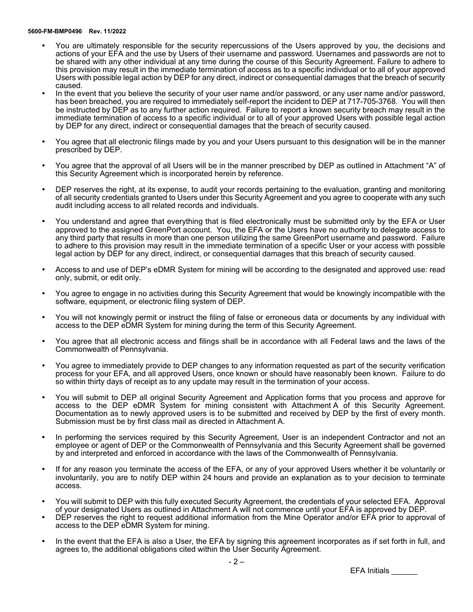Form 5600-FM-BMP0496 Electronic Filing Administrator (Efa) Registration and Security Agreement for Mining Edmr - Pennsylvania, Page 2