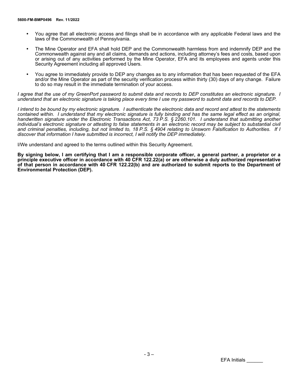 Form 5600-FM-BMP0496 Electronic Filing Administrator (Efa) Registration and Security Agreement for Mining Edmr - Pennsylvania, Page 3