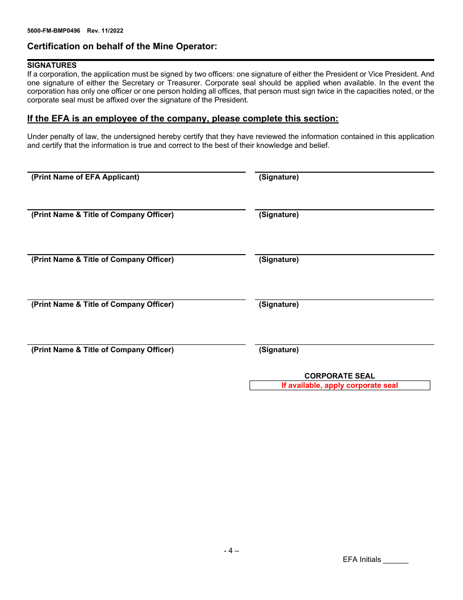 Form 5600-FM-BMP0496 Electronic Filing Administrator (Efa) Registration and Security Agreement for Mining Edmr - Pennsylvania, Page 4