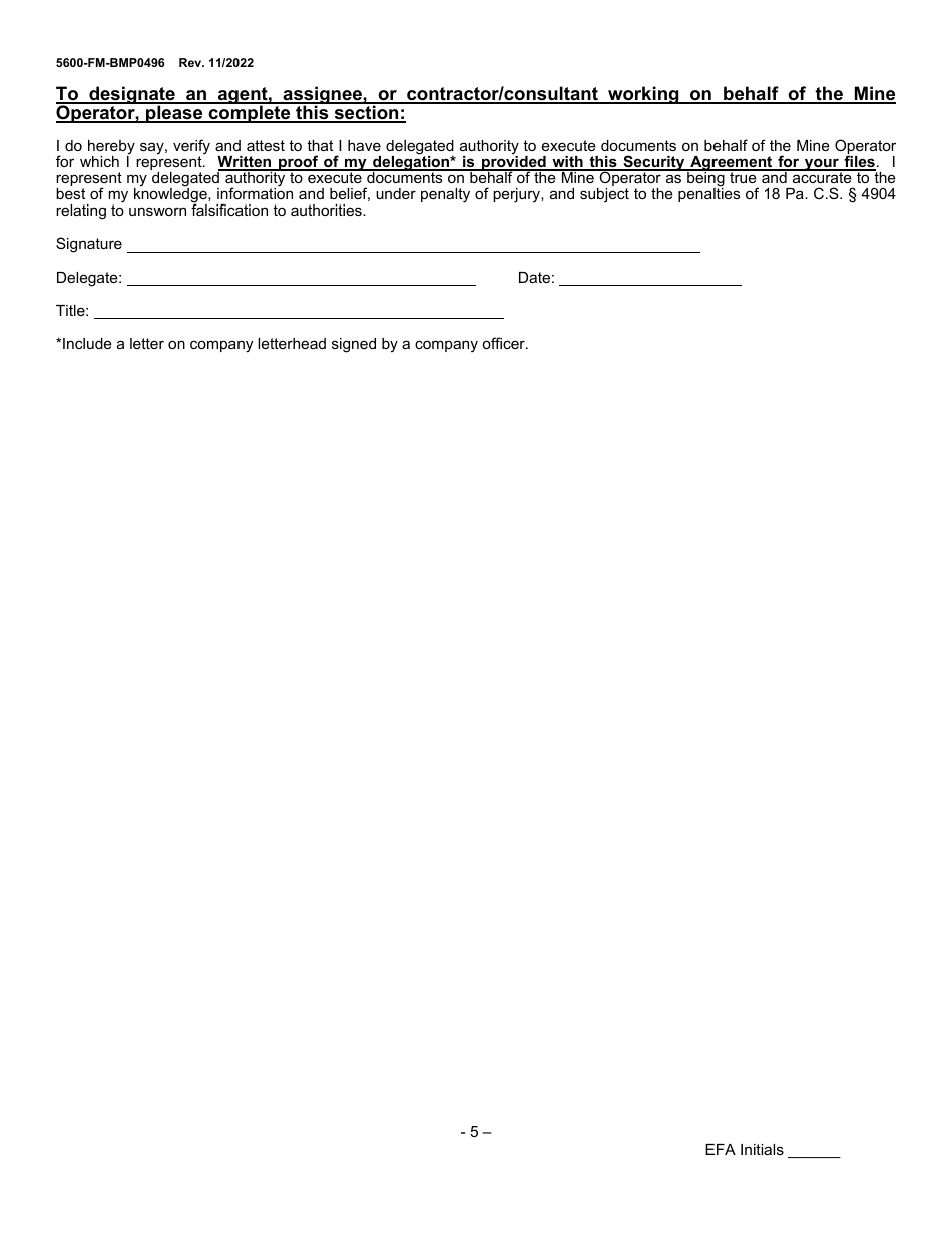 Form 5600-FM-BMP0496 Electronic Filing Administrator (Efa) Registration and Security Agreement for Mining Edmr - Pennsylvania, Page 5