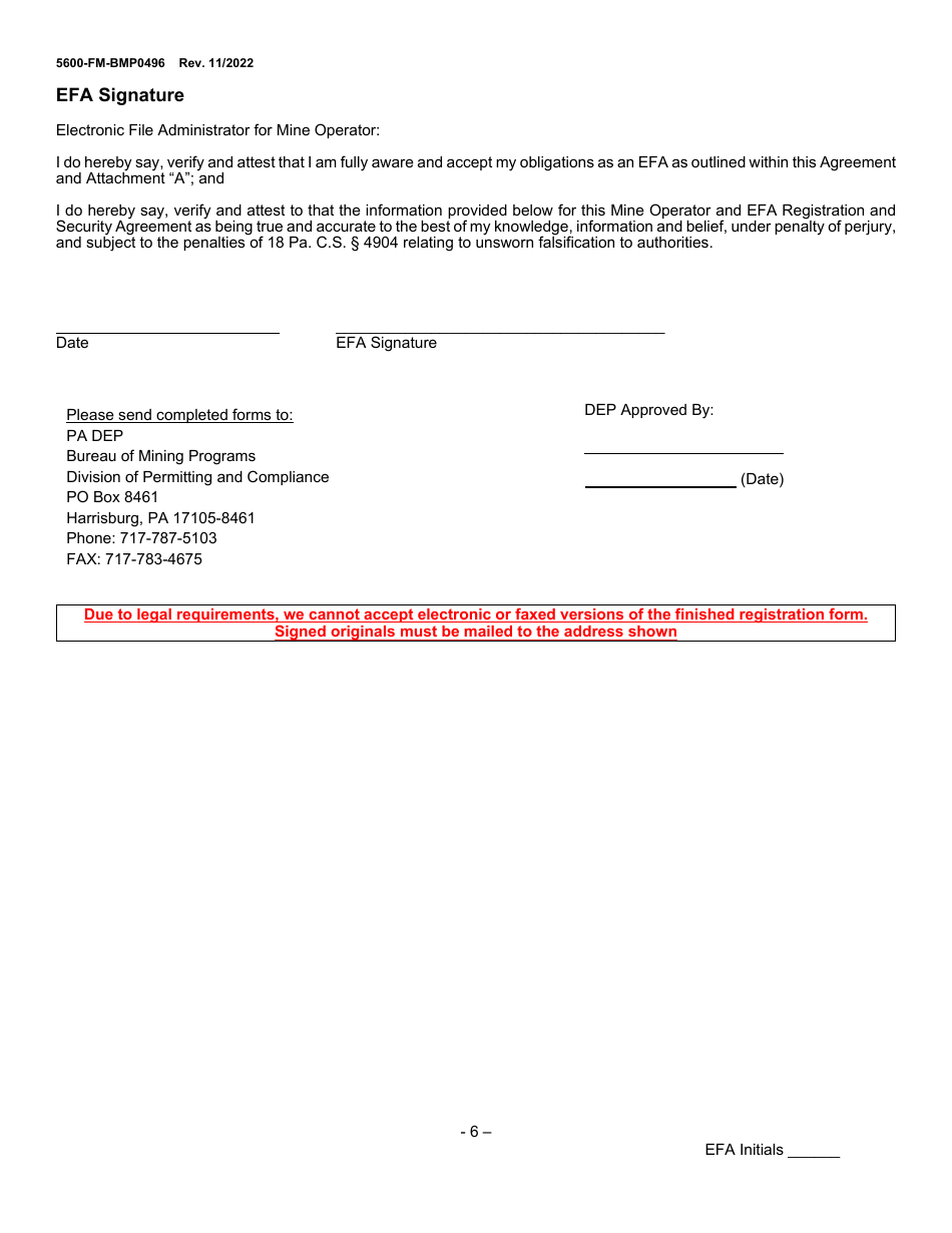 Form 5600-FM-BMP0496 Electronic Filing Administrator (Efa) Registration and Security Agreement for Mining Edmr - Pennsylvania, Page 6