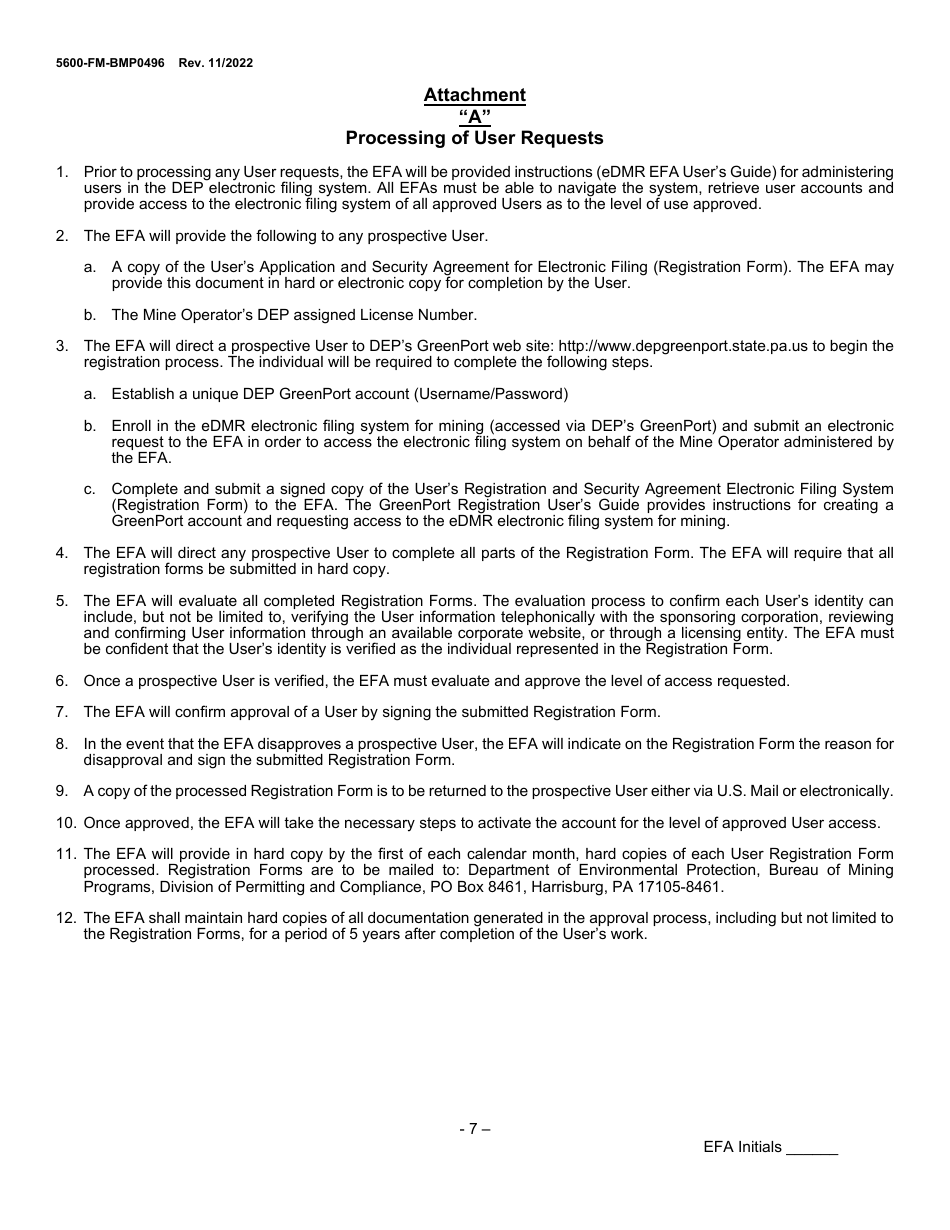 Form 5600-FM-BMP0496 Electronic Filing Administrator (Efa) Registration and Security Agreement for Mining Edmr - Pennsylvania, Page 7