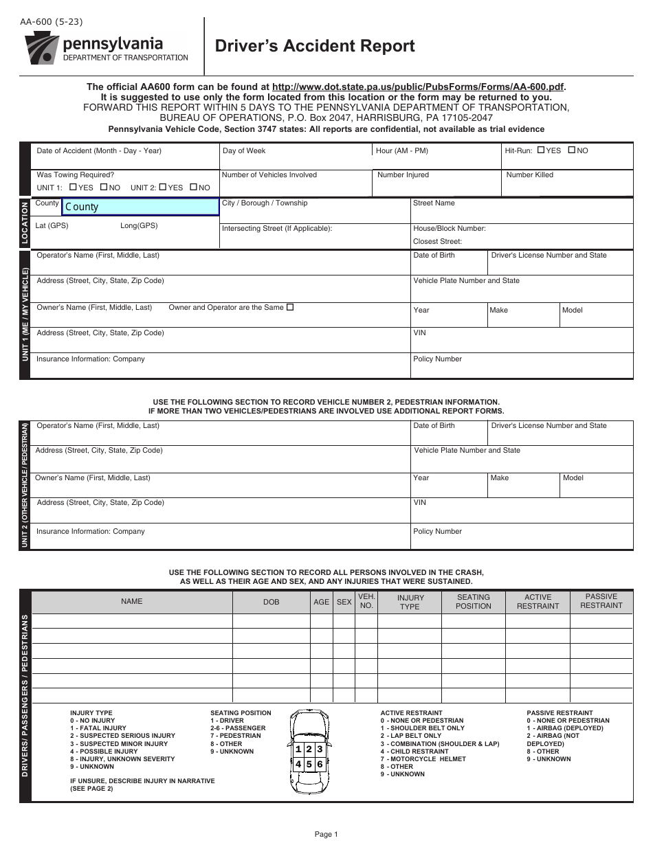 Form AA-600 Drivers Accident Report - Pennsylvania, Page 1