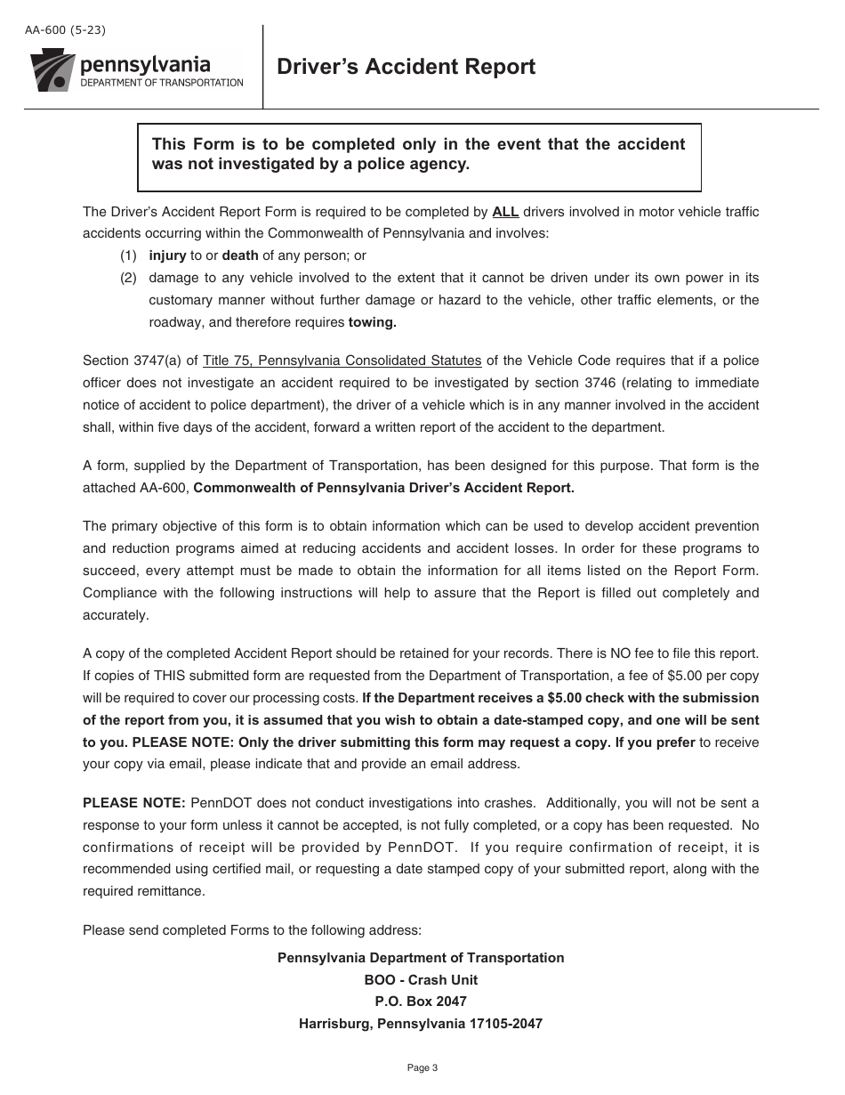 Form AA-600 Drivers Accident Report - Pennsylvania, Page 3