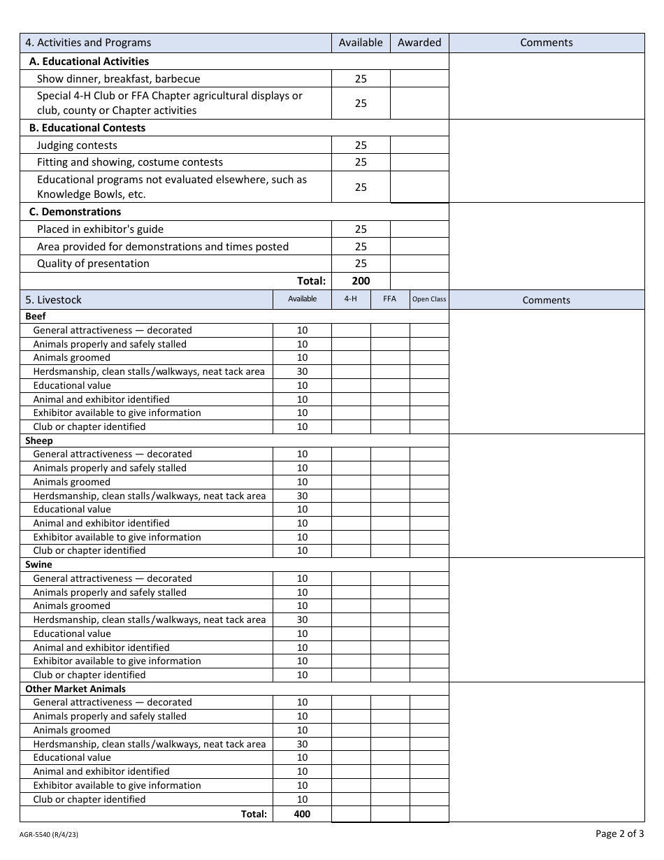 Form AGR-5540 Official Evaluation Report - All Youth Shows - Youth Jr. Livestock - Washington, Page 2