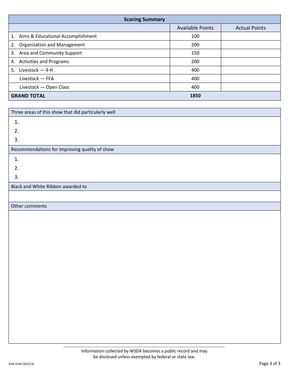 Form AGR-5540 Official Evaluation Report - All Youth Shows - Youth Jr. Livestock - Washington, Page 3