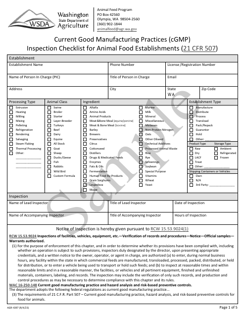 Form AGR-4397 Current Good Manufacturing Practices (Cgmp) Inspection Checklist for Animal Food Establishment (21 Cfr 507) - Sample - Washington