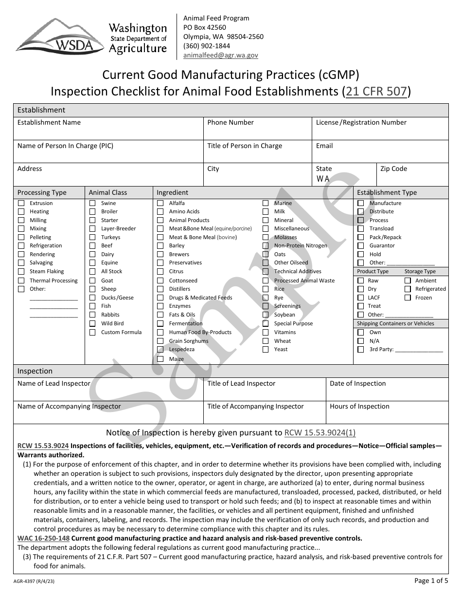 Form AGR-4397 Current Good Manufacturing Practices (Cgmp) Inspection Checklist for Animal Food Establishment (21 Cfr 507) - Sample - Washington, Page 1