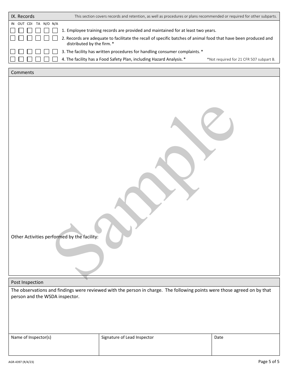 Form AGR-4397 Current Good Manufacturing Practices (Cgmp) Inspection Checklist for Animal Food Establishment (21 Cfr 507) - Sample - Washington, Page 5