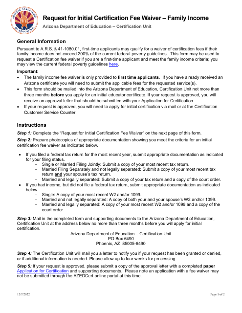 Request for Initial Certification Fee Waiver - Family Income - Arizona Download Pdf
