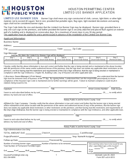Form 007-CESA-0010 Limited Use Banner Application - City of Houston, Texas