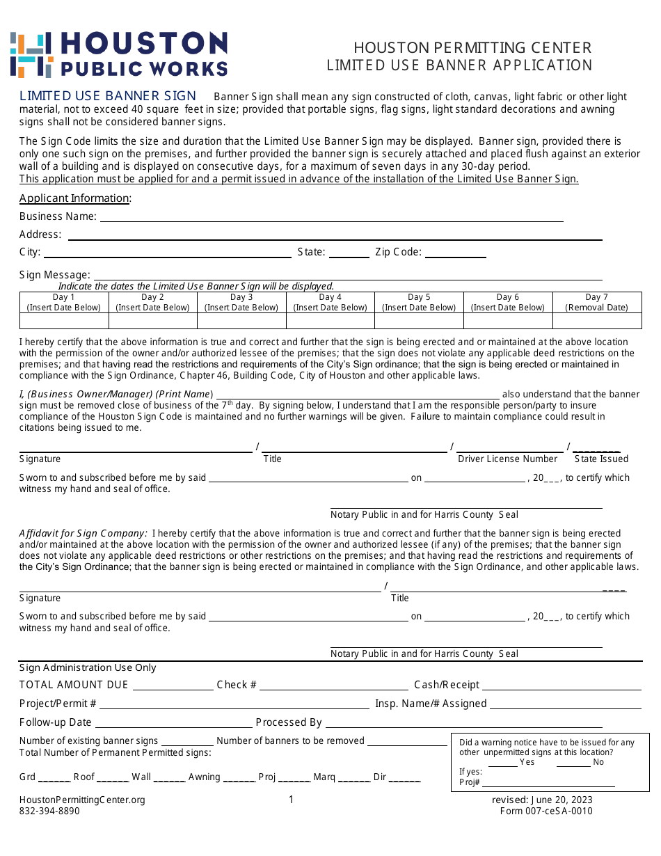 Form 007-CESA-0010 Limited Use Banner Application - City of Houston, Texas, Page 1