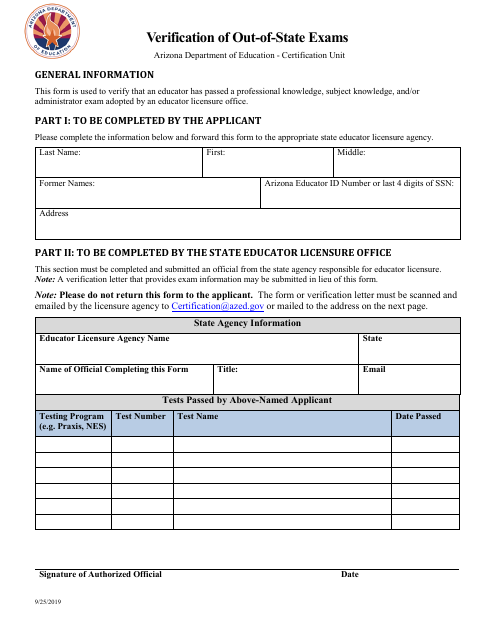 Verification of Out-of-State Exams - Arizona Download Pdf