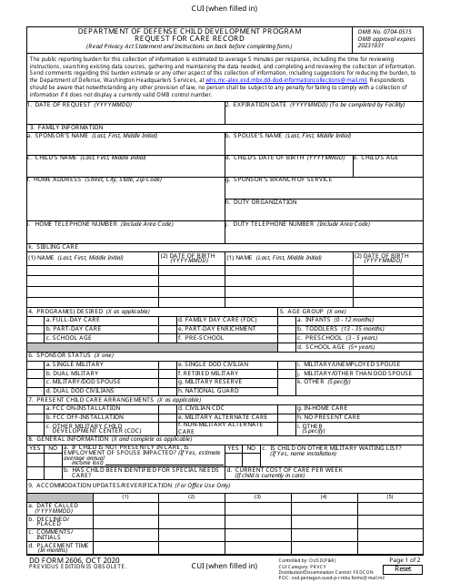 DD Form 2606 Request for Care Record - Department of Defense Child Development Program