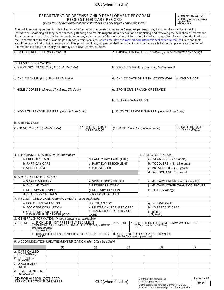 DD Form 2606 Request for Care Record - Department of Defense Child Development Program, Page 1