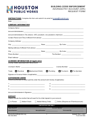 Document preview: Form CE-1052 Advance Pay Account (Apa) Request Form - City of Houston, Texas