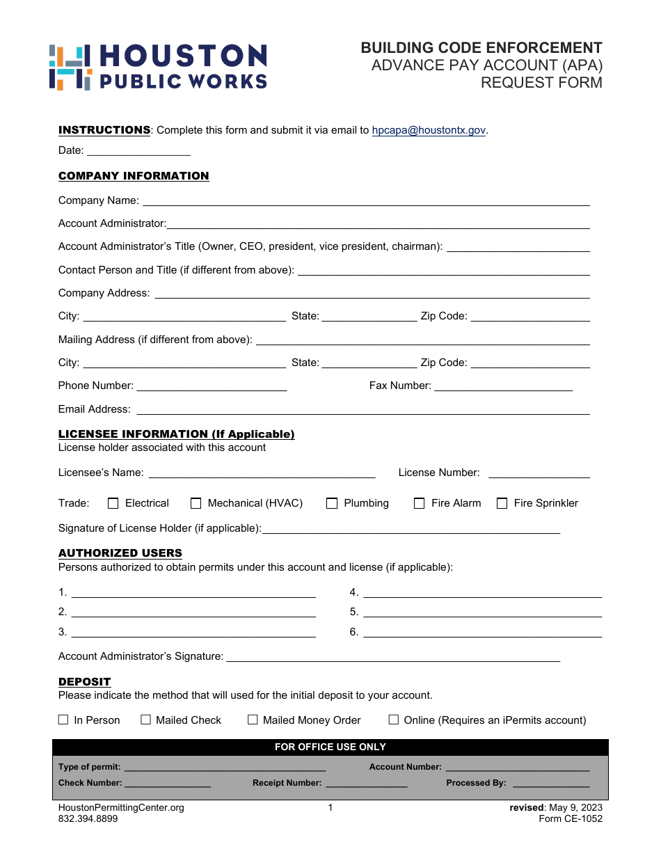 Form CE-1052 Advance Pay Account (Apa) Request Form - City of Houston, Texas, Page 1