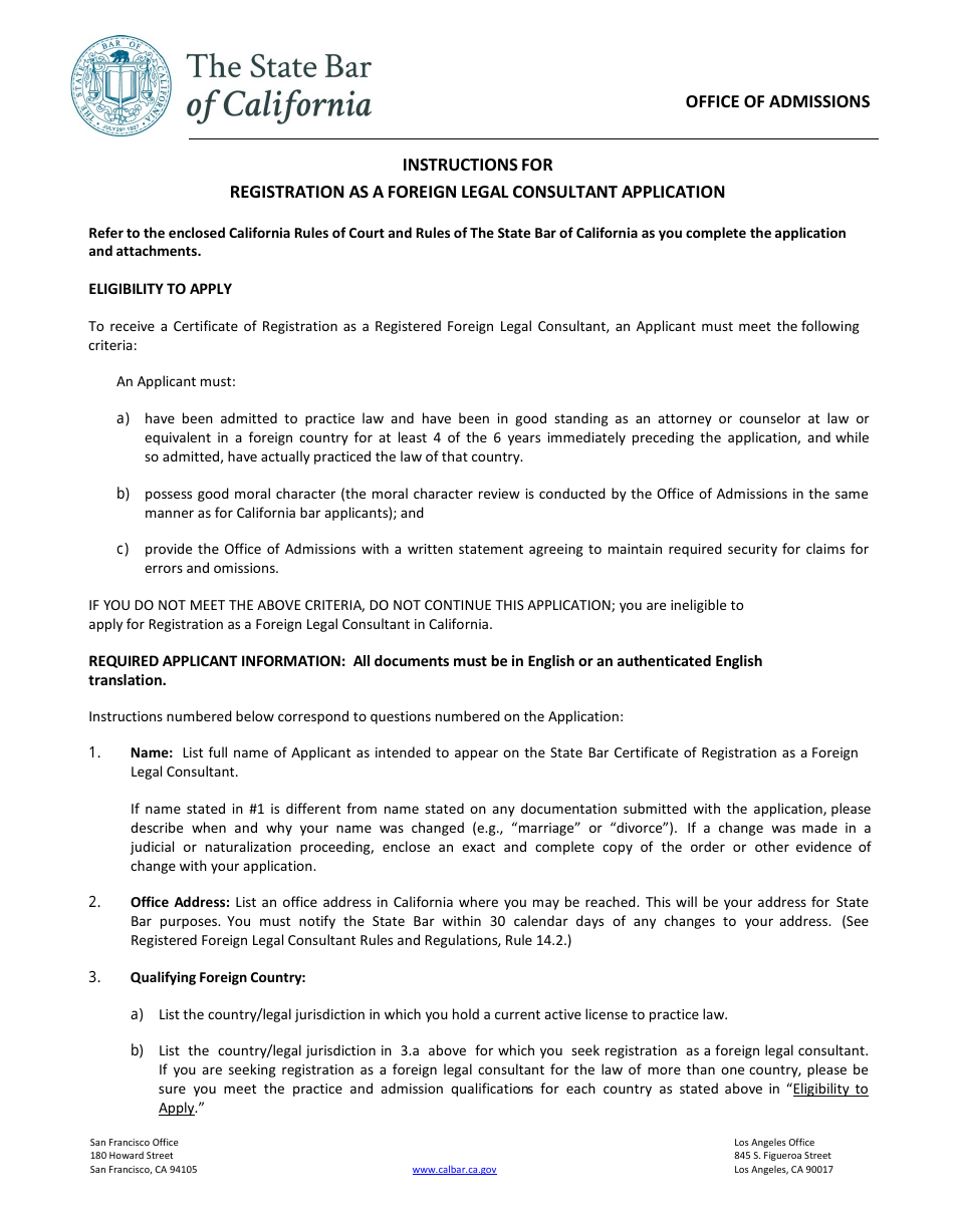 Instructions for Registration as a Foreign Legal Consultant Application - California, Page 1