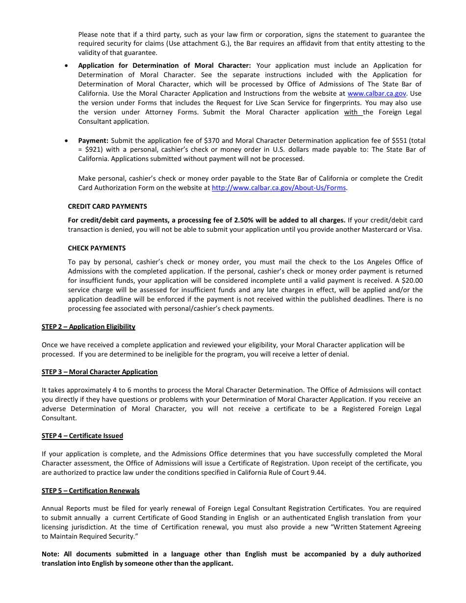 Instructions for Registration as a Foreign Legal Consultant Application - California, Page 3