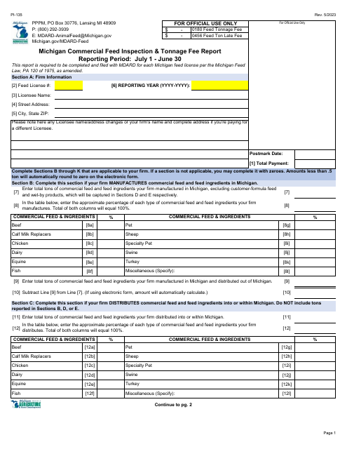 Form PI-135 Michigan Commercial Feed Inspection & Tonnage Fee Report - Michigan