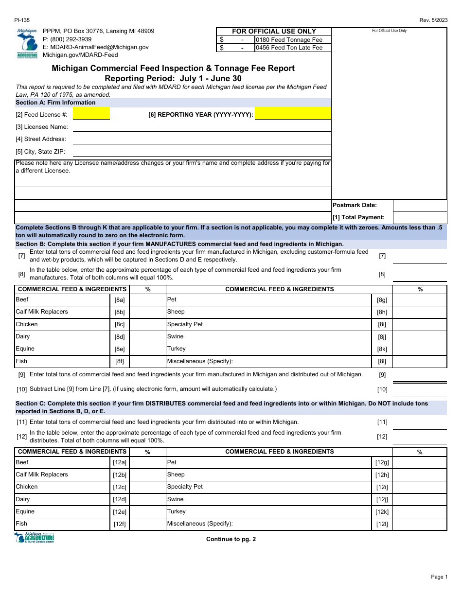 Form PI-135 Michigan Commercial Feed Inspection  Tonnage Fee Report - Michigan, Page 1