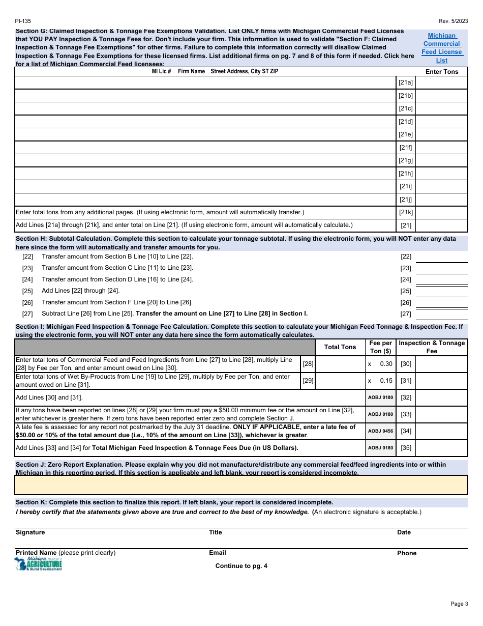 Form PI-135 Michigan Commercial Feed Inspection  Tonnage Fee Report - Michigan, Page 3