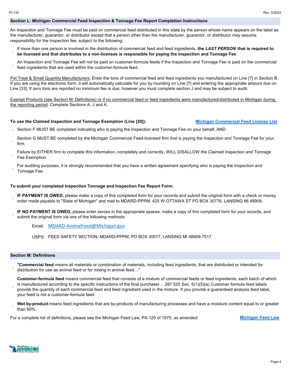 Form PI-135 Michigan Commercial Feed Inspection  Tonnage Fee Report - Michigan, Page 5