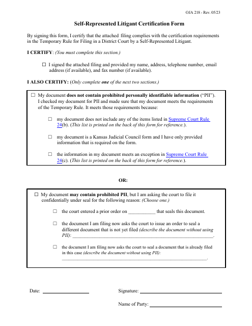 Form OJA218 Self-represented Litigant Certification Form - Johnson County, Kansas