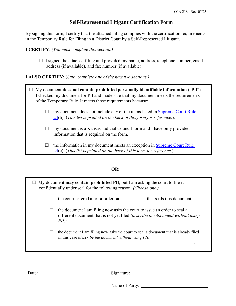 Form OJA218 Self-represented Litigant Certification Form - Johnson County, Kansas, Page 1