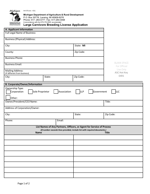 Form AH-078 Large Carnivore Breeding License Application - Michigan