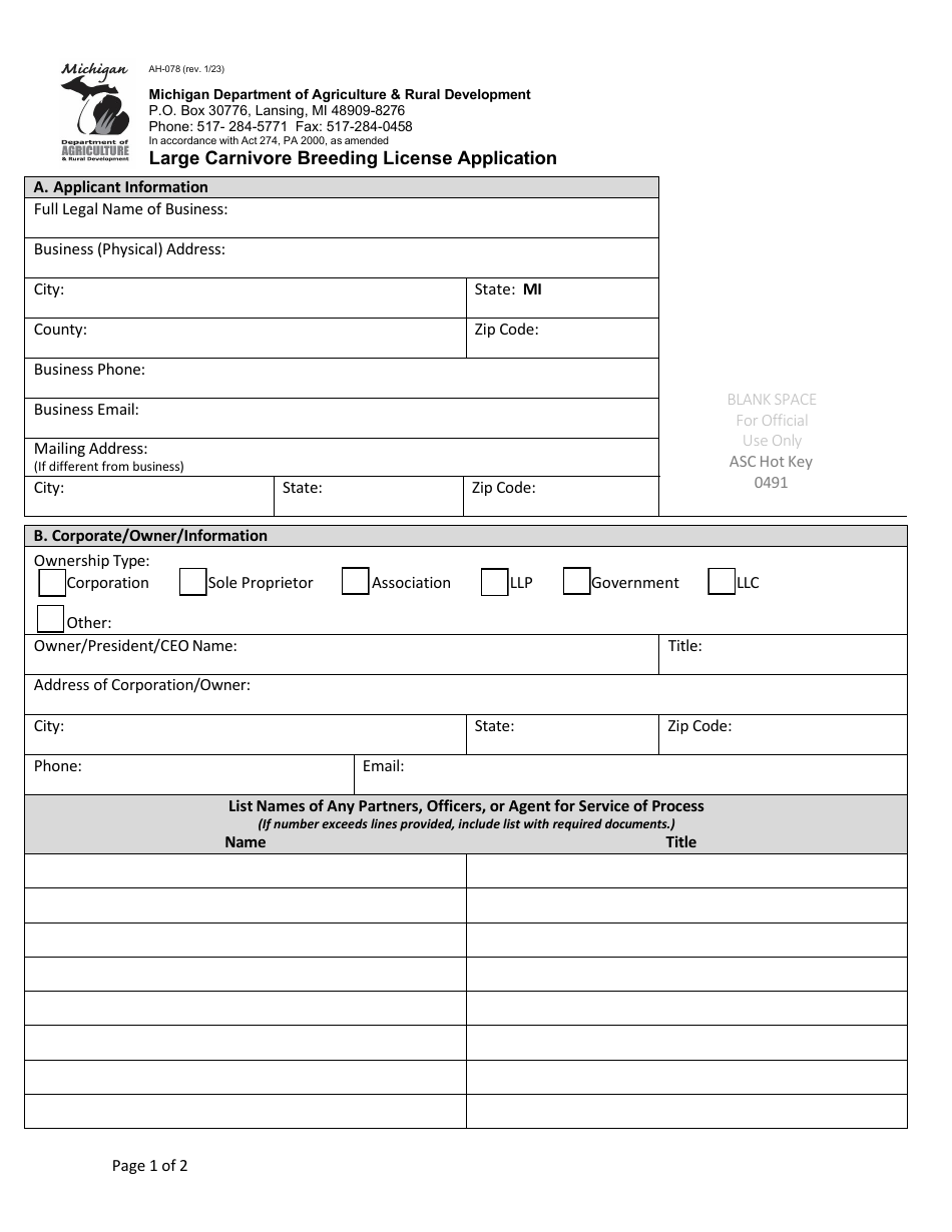 Form AH-078 Large Carnivore Breeding License Application - Michigan, Page 1
