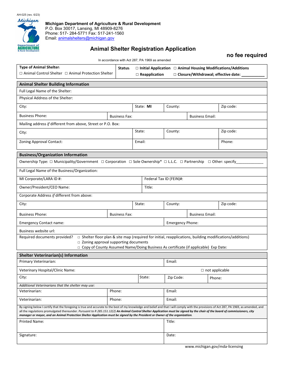Form AH-025 Animal Shelter Registration Application - Michigan, Page 1