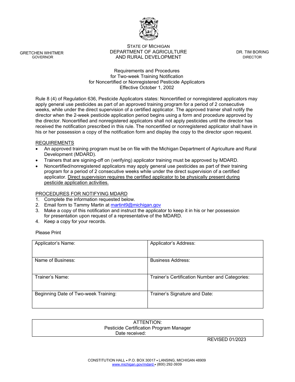 Requirements and Procedures for Two-Week Training Notification for Noncertified or Nonregistered Pesticide Applicators - Michigan, Page 1