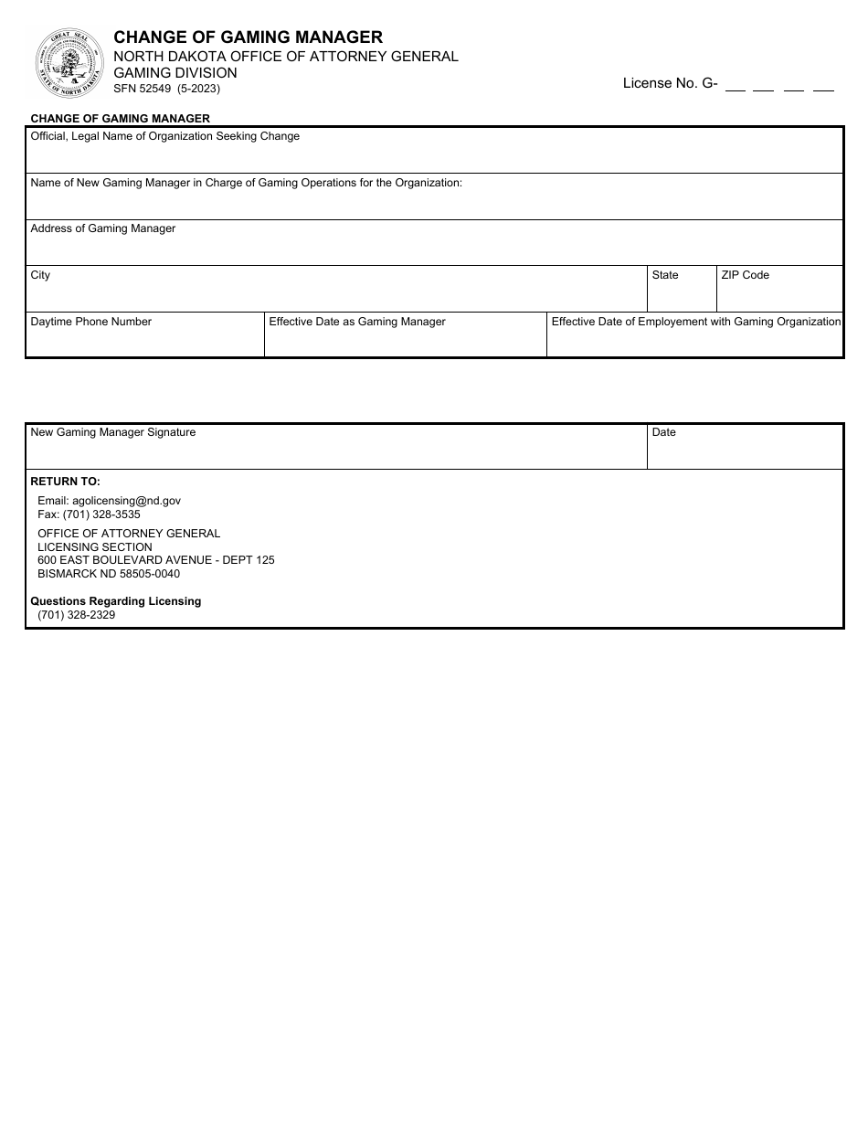 Form SFN52549 Change of Gaming Manager - North Dakota, Page 1