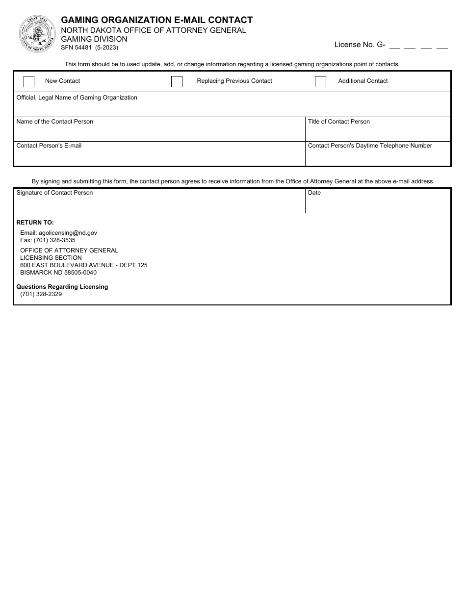 Form SFN54481 Gaming Organization E-Mail Contact - North Dakota, Page 1