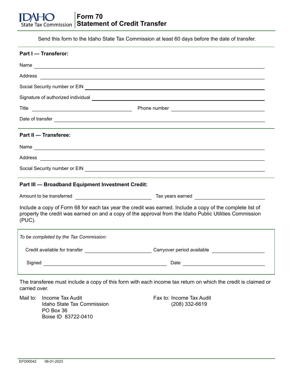 Form 70 (EFO00042) Statement of Credit Transfer - Idaho, Page 1