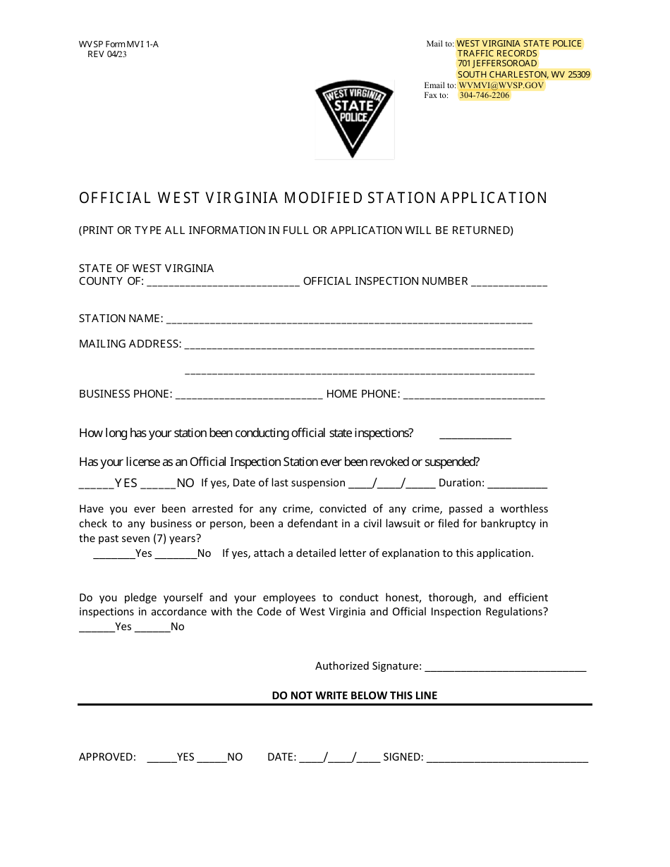 WVSP Form MVI1-A Official West Virginia Modified Station Application - West Virginia, Page 1