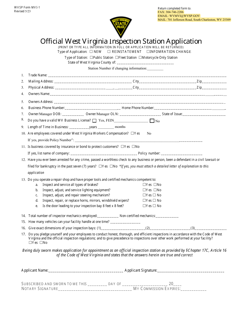 WVSP Form MVI-1 Official West Virginia Inspection Station Application - West Virginia, Page 1